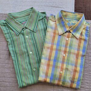 2X Mens Bugatchi Uomo Shirt Size Large Button Front Green Yellow Multi Contrast